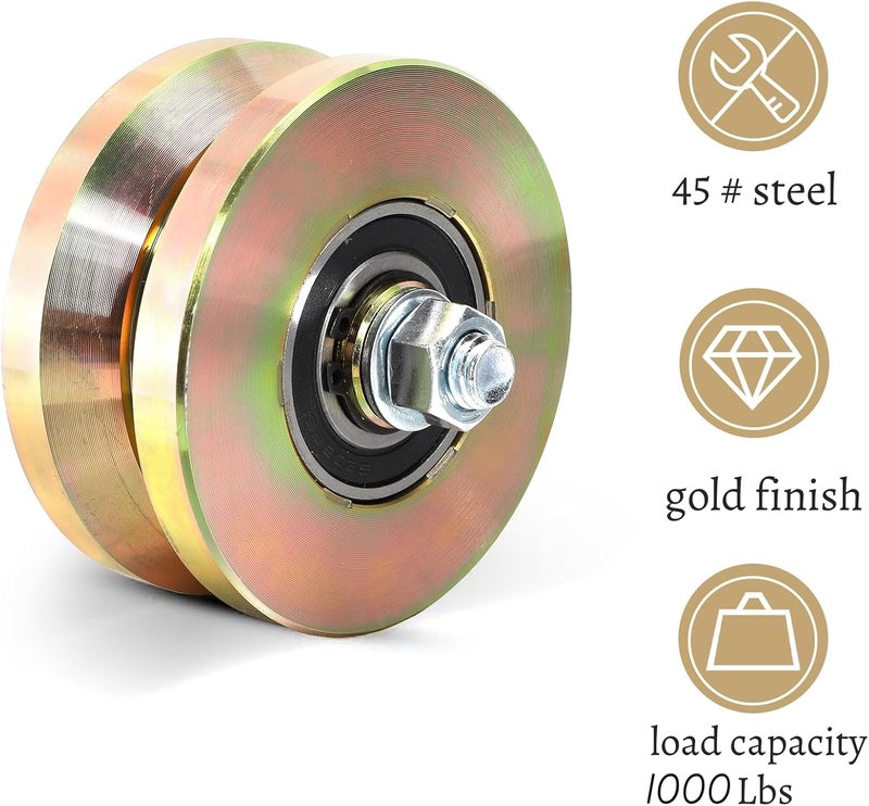 Goaste 2 Pack 4" Solid Slide V Groove Wheels, Heavy Duty Sliding Gate Casters, 1-3/4" Width Rolling Gate Wheels with Screw & Double Bearings for Industrial Machines Rail, Load Capacity 1000 Lbs - Image 4